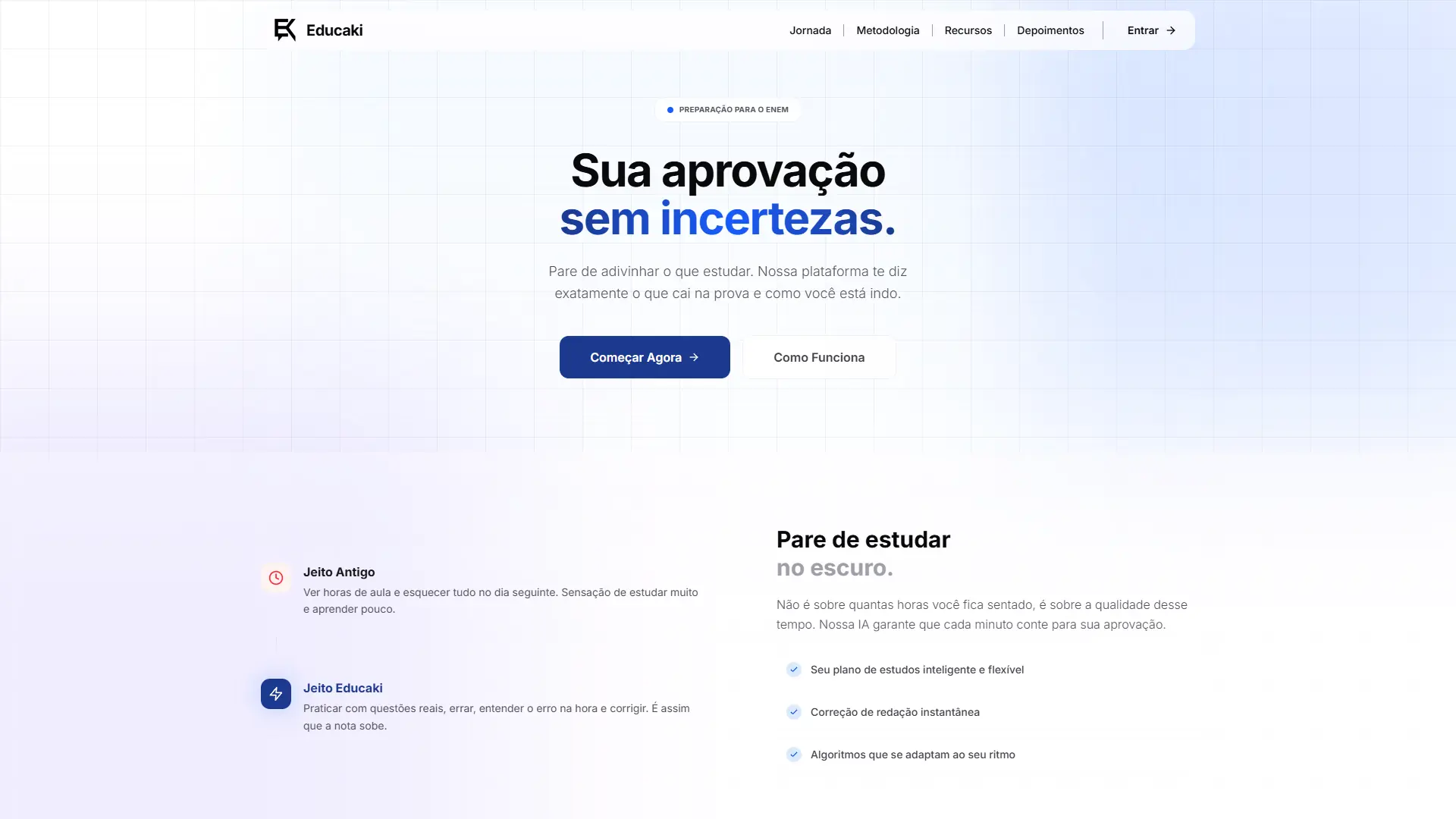 Página inicial do Educaki com a chamada Sua aprovação sem incertezas