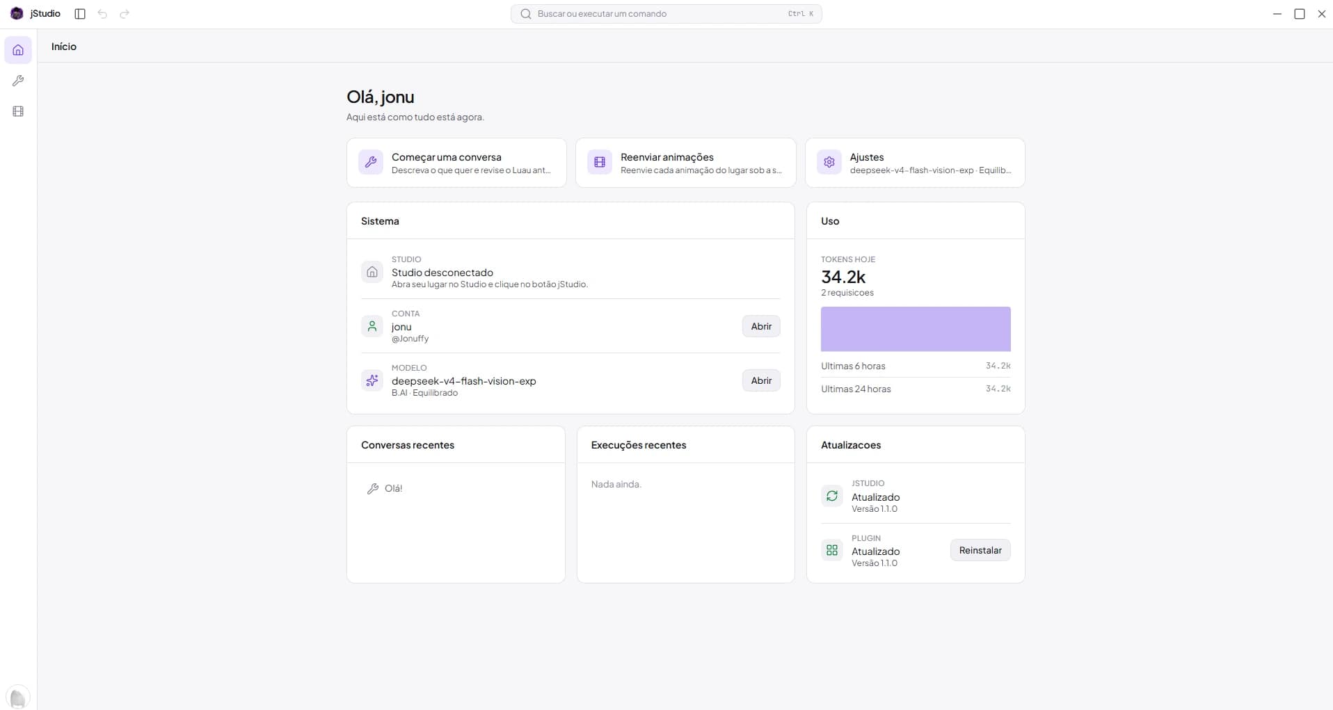 Tela inicial do jStudio, aplicativo de desktop em Tauri e Rust
