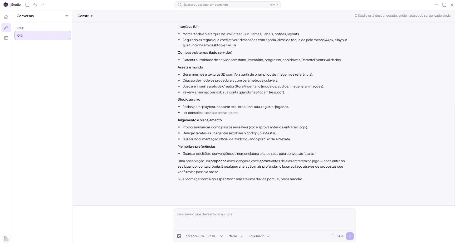 Conversa do jStudio listando o que a ferramenta faz dentro do Roblox Studio