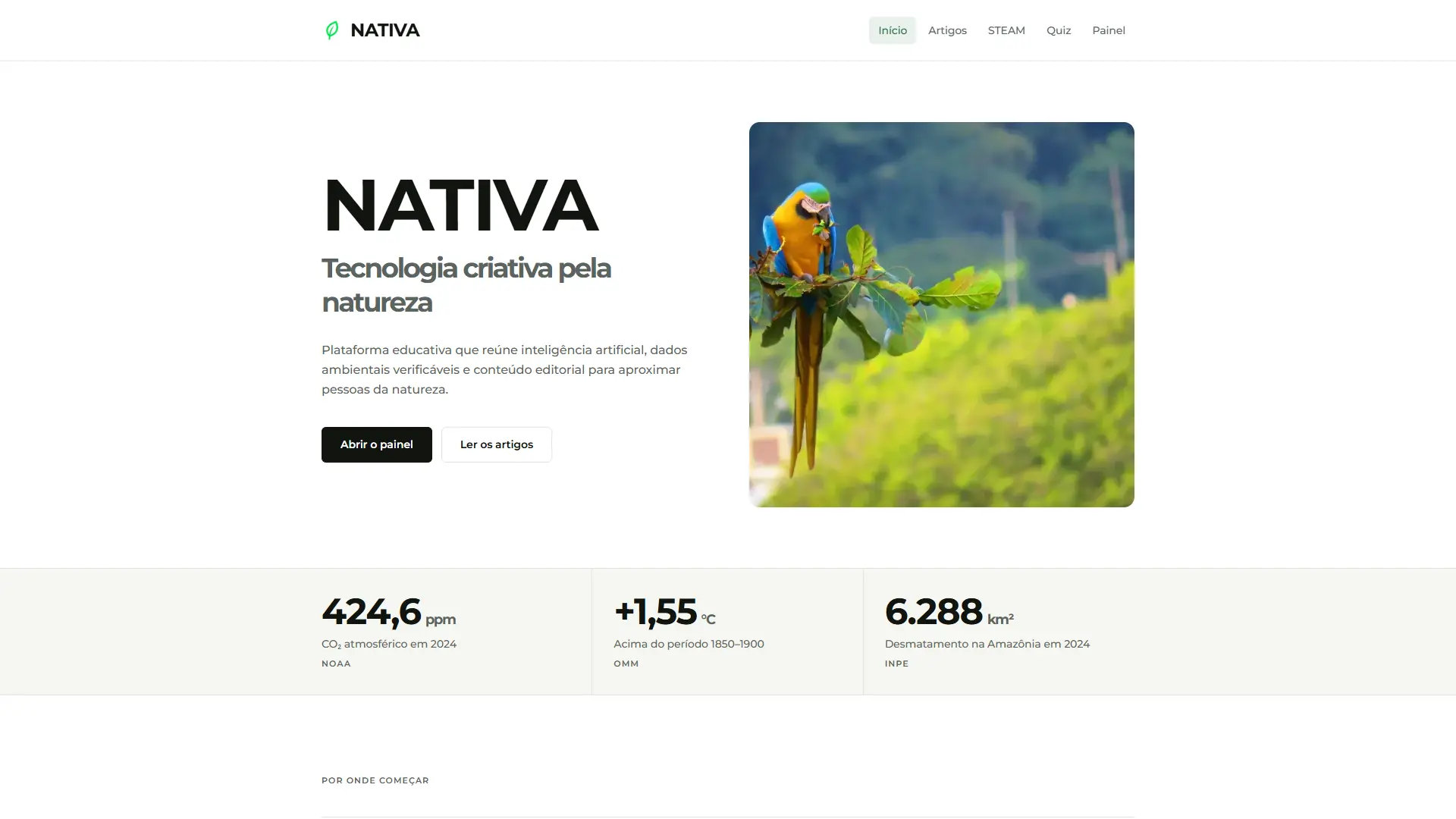 Página inicial do NATIVA com indicadores ambientais e chamada Tecnologia criativa pela natureza