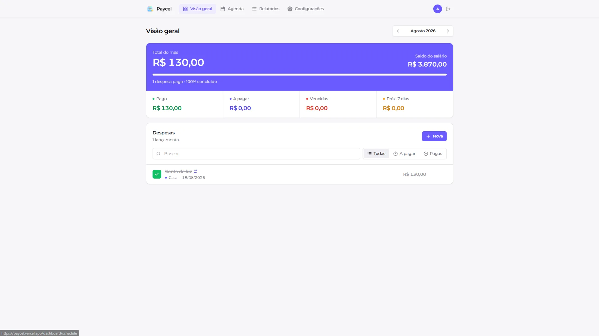 Painel do Paycel com o total do mês e as despesas categorizadas