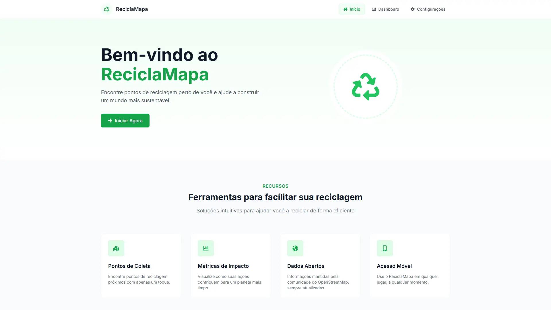 Página inicial do ReciclaMapa com a chamada Reciclagem ao seu alcance