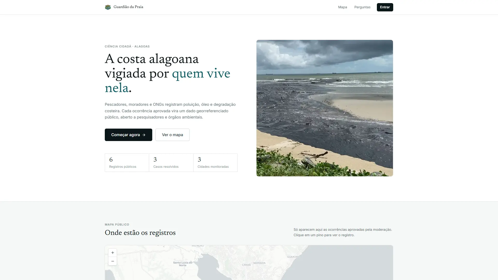 Página inicial do Guardião da Praia com mapa público de ocorrências na costa alagoana