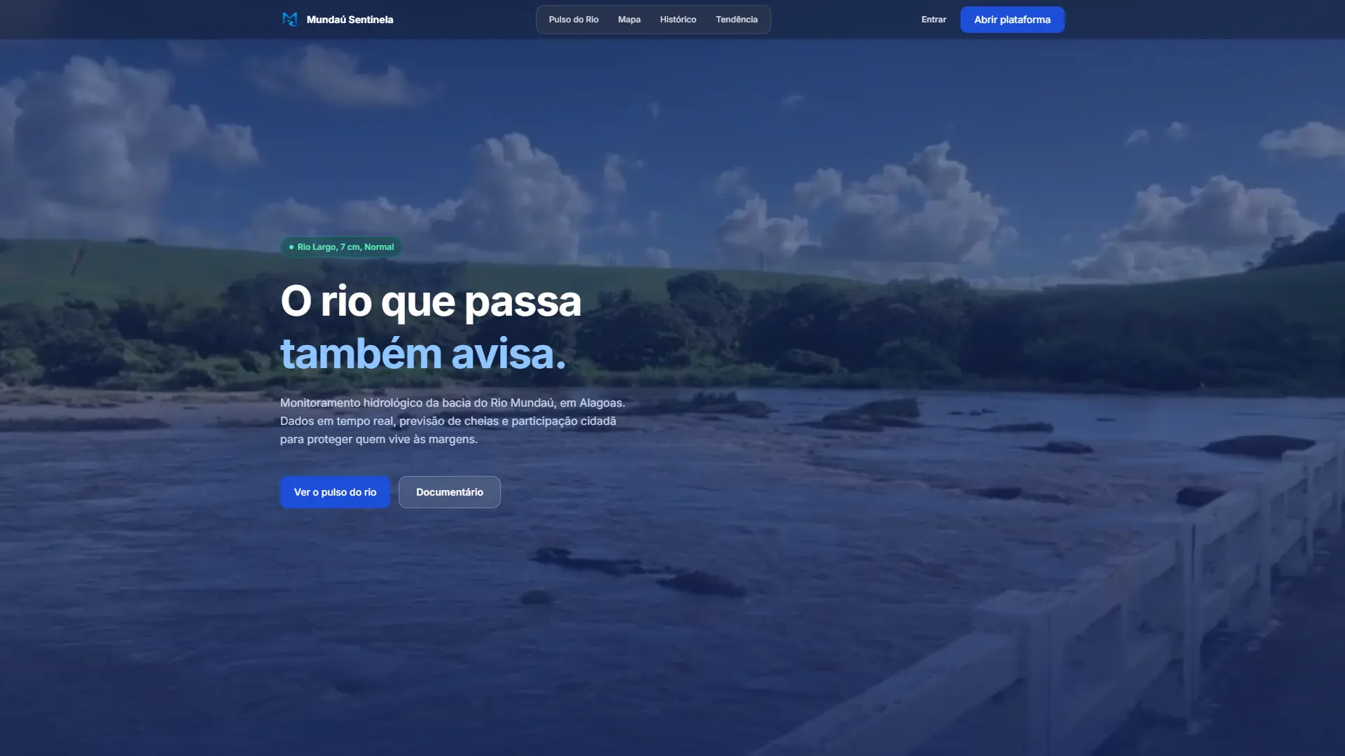 Página inicial do Mundaú Sentinela sobre o Rio Mundaú em Alagoas